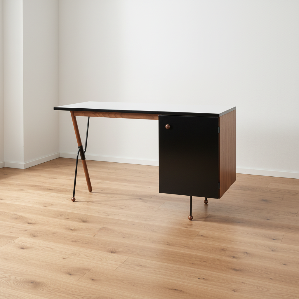 Mid-Century White & Walnut Desk with X-Frame Metal Legs & Side Storage Cabinet for Study