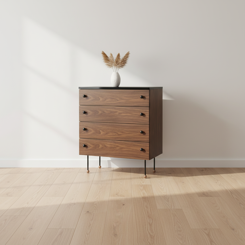 Mid-Century Walnut Veneer Dresser with Brass Handles & Multiple Drawers for Bedroom