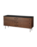 Mid-Century American Walnut 6-Drawer Sideboard with Black Gloss Top & Ball-Foot Metal Legs for Bedroom