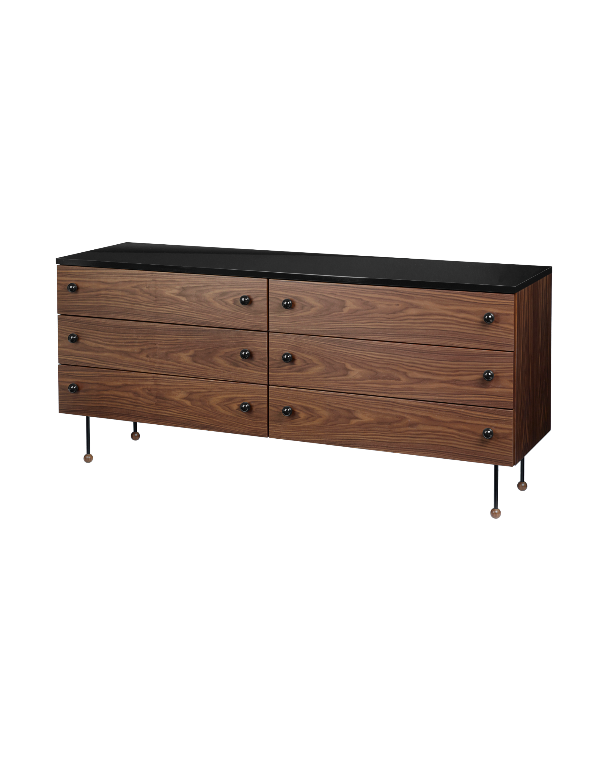 Mid-Century American Walnut 6-Drawer Sideboard with Black Gloss Top & Ball-Foot Metal Legs for Bedroom