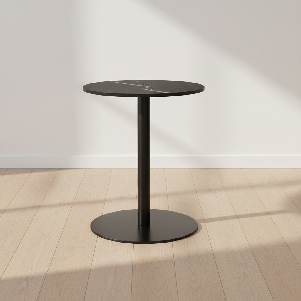 Modern Black Marble Round Dining Table with Slender Column Pedestal for Kitchen or Dining Room