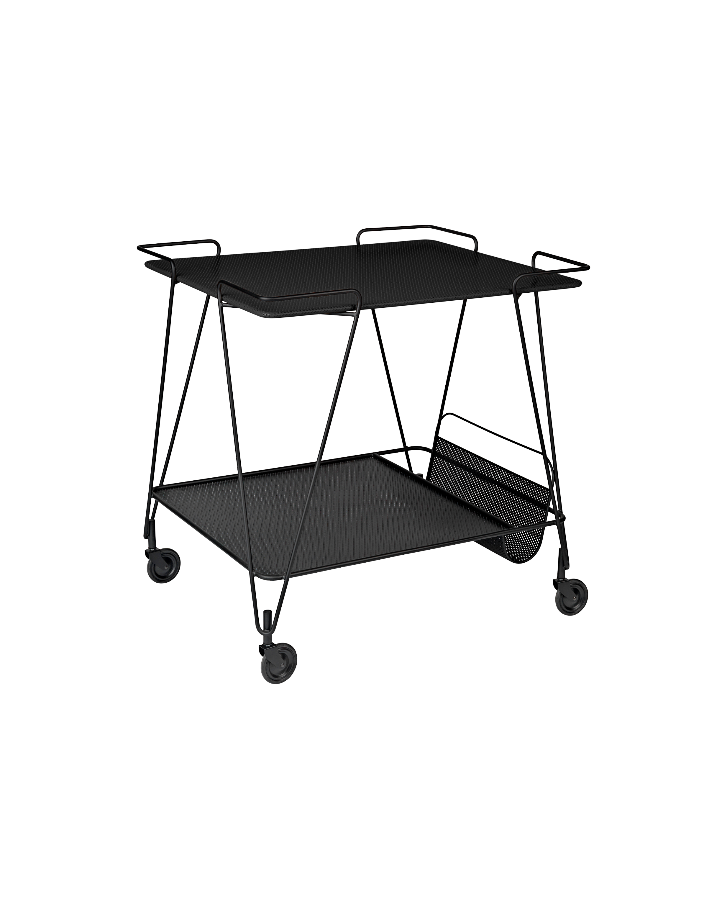 Retro Black Metal Wire Serving Trolley with Two Trays & Newspaper Holder for Living Room or Kitchen