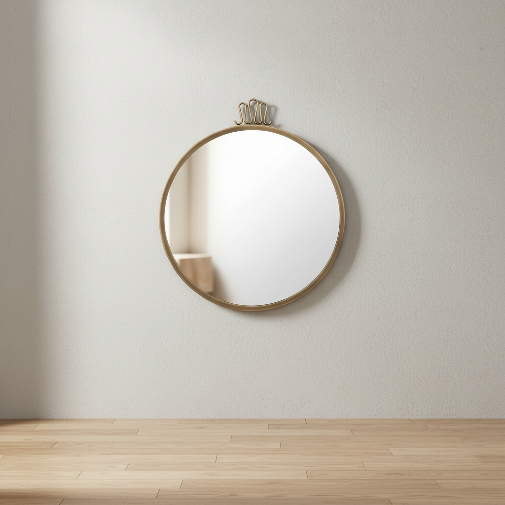 Mid-Century Walnut Wood Frame Wall Mirror with Brass Bolt Detail for Bedroom or Hallway