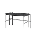 Mid-Century Black Marble Desk with Cross Steel Frame & Lower Shelf for Study or Home Office