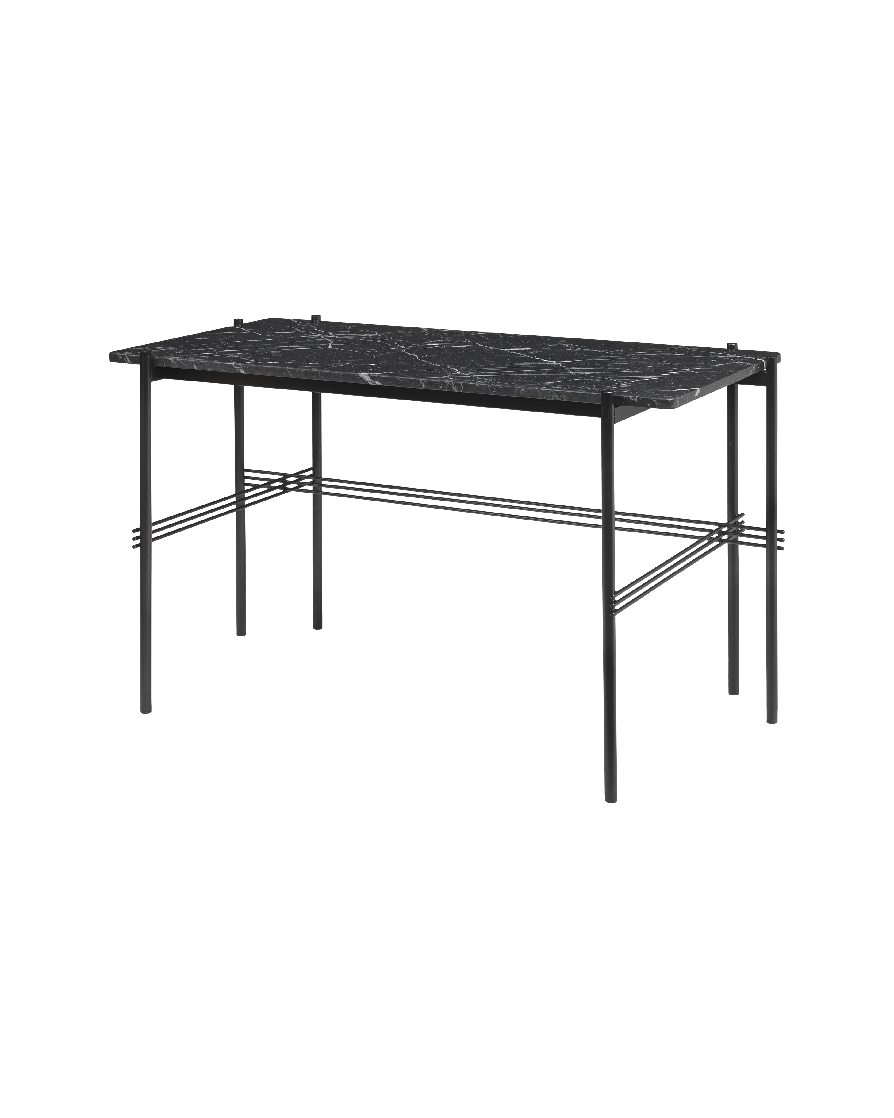 Mid-Century Black Marble Desk with Cross Steel Frame & Lower Shelf for Study or Home Office