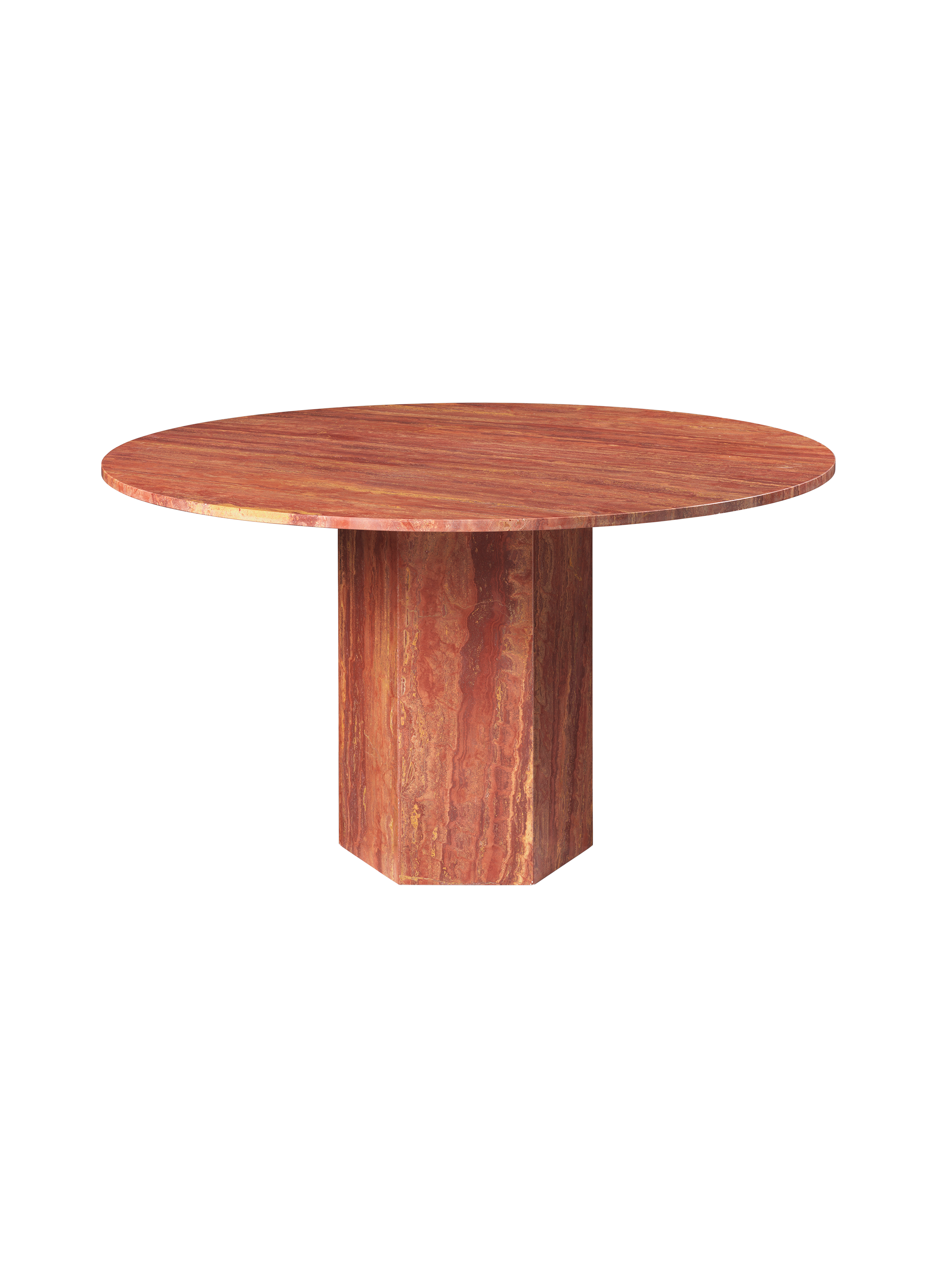 Classical Red Travertine Round Dining Table with Monolithic Column Base for Dining Room