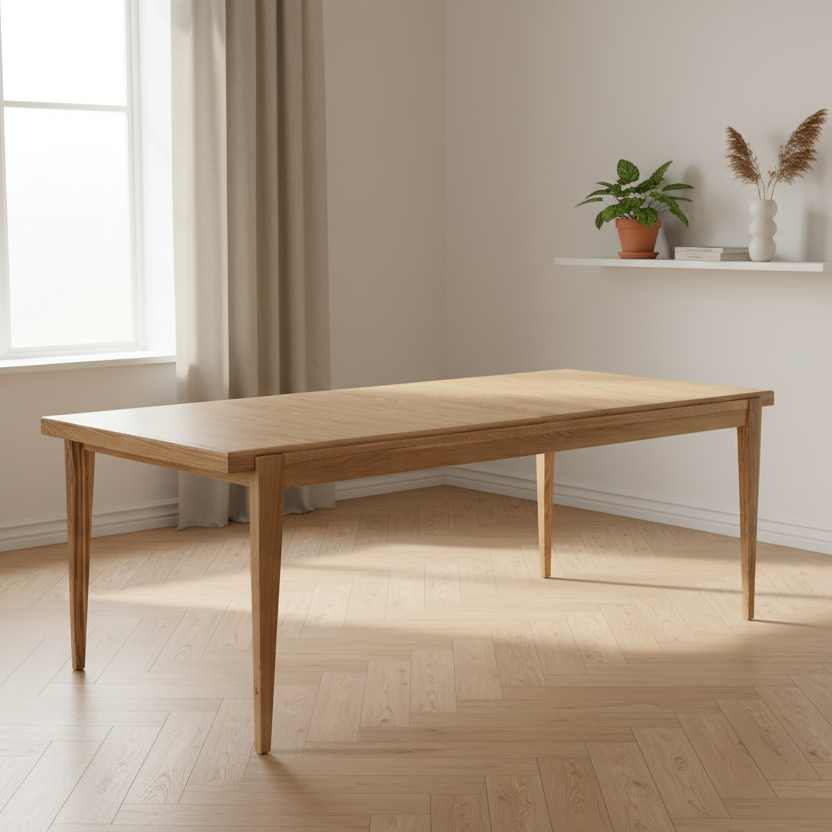 Table de salle à manger rectangulaire extensible en bois massif Chêne Naturel Intemporel avec pieds fuselés pour salle à manger