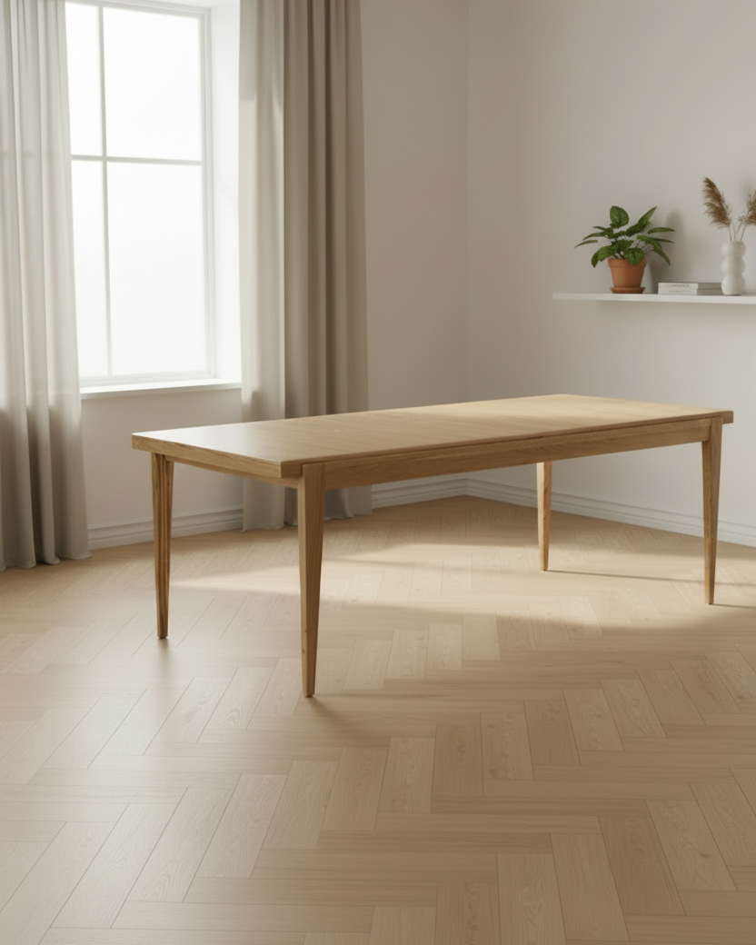 Table de salle à manger rectangulaire extensible en bois massif Chêne Naturel Intemporel avec pieds fuselés pour salle à manger