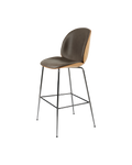 Mid-Century Oak Veneer 3D Shell Bar Chair with Front Leather Upholstery & Chrome Legs for Bar