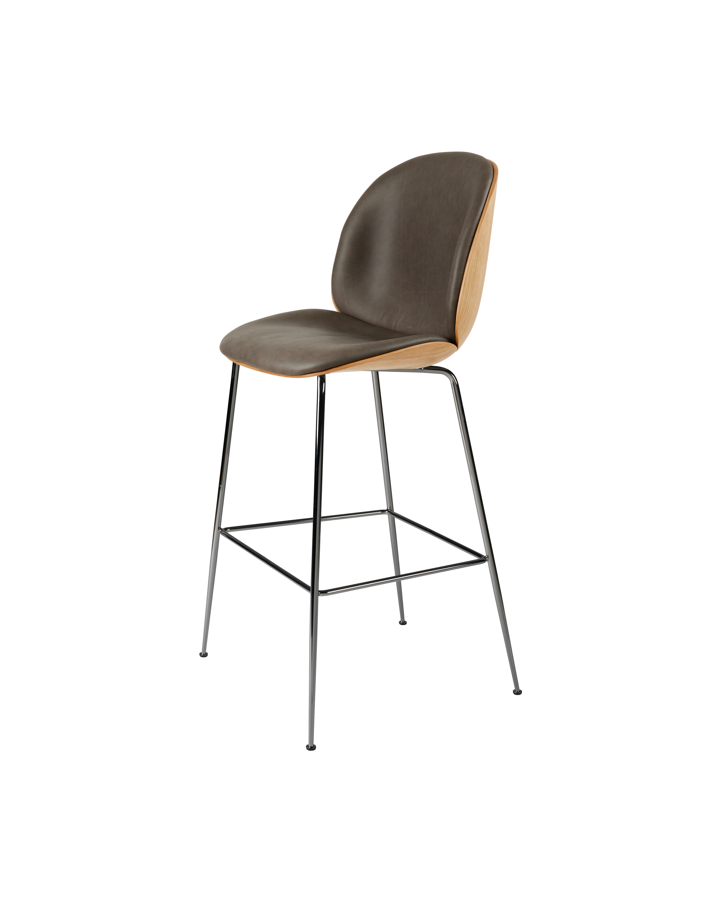 Mid-Century Oak Veneer 3D Shell Bar Chair with Front Leather Upholstery & Chrome Legs for Bar