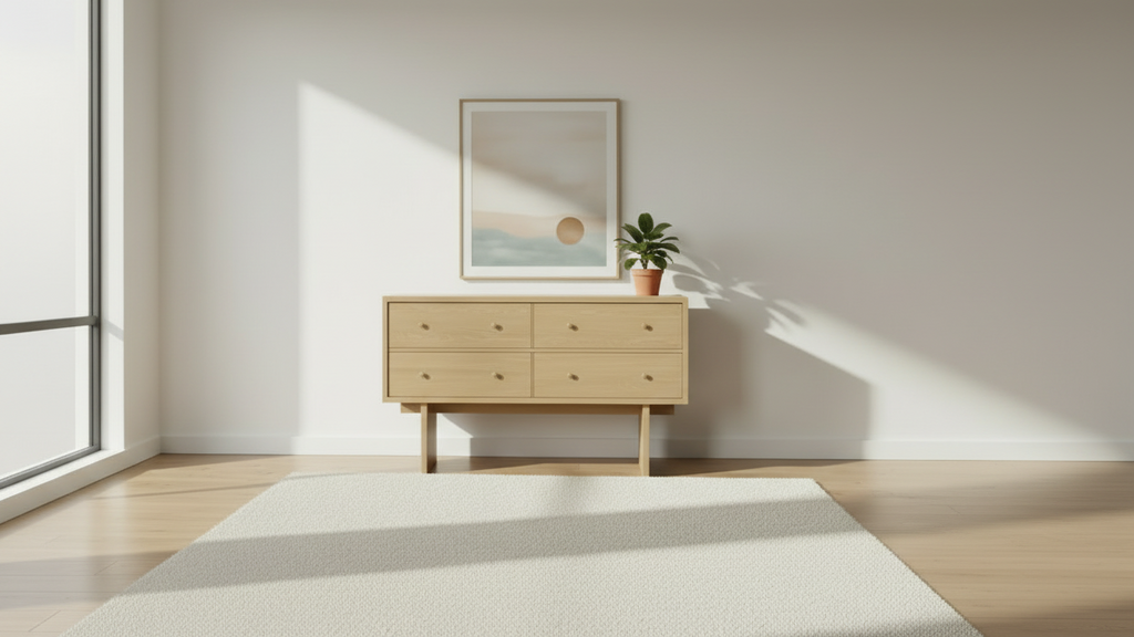 Bahut en placage de chêne naturel d'inspiration japonaise avec poignées en laiton et tiroirs à fermeture douce pour le salon