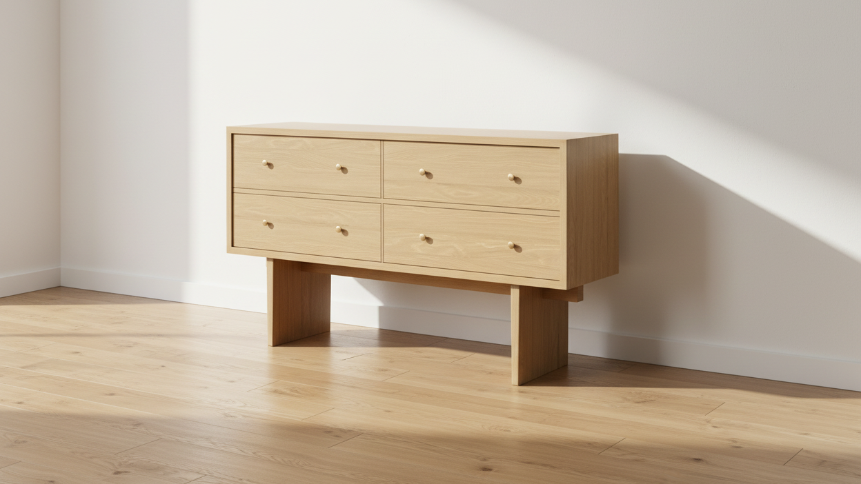 Japanese-Inspired Natural Oak Veneer Sideboard with Brass Handles & Soft-Close Drawers for Living Room