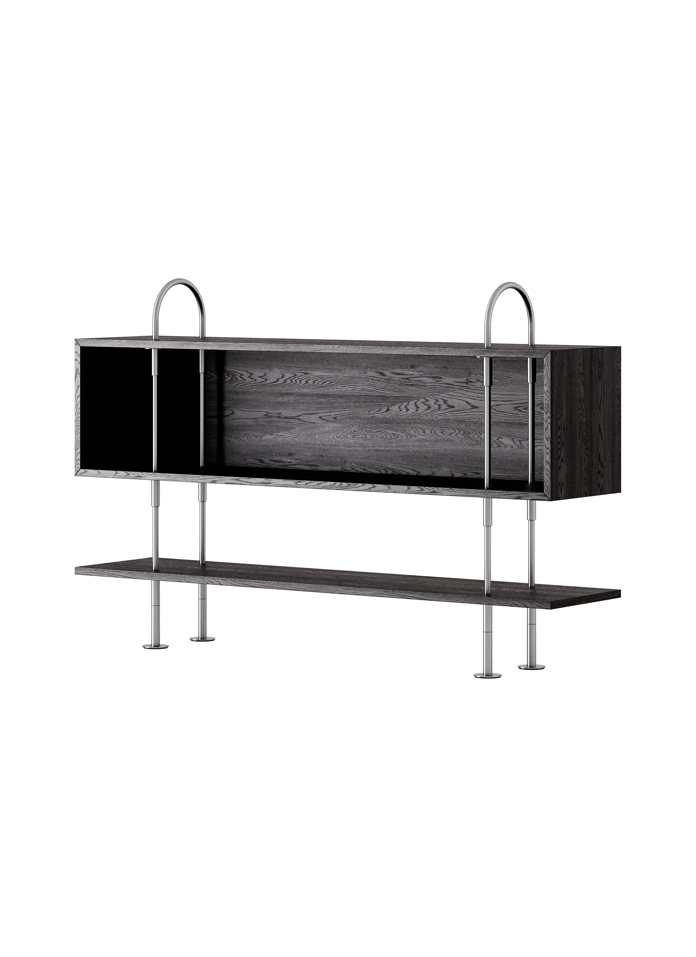 Industrial Black Ash Veneer & Stainless Steel Shelving System with Open Box Shelf for Living Room